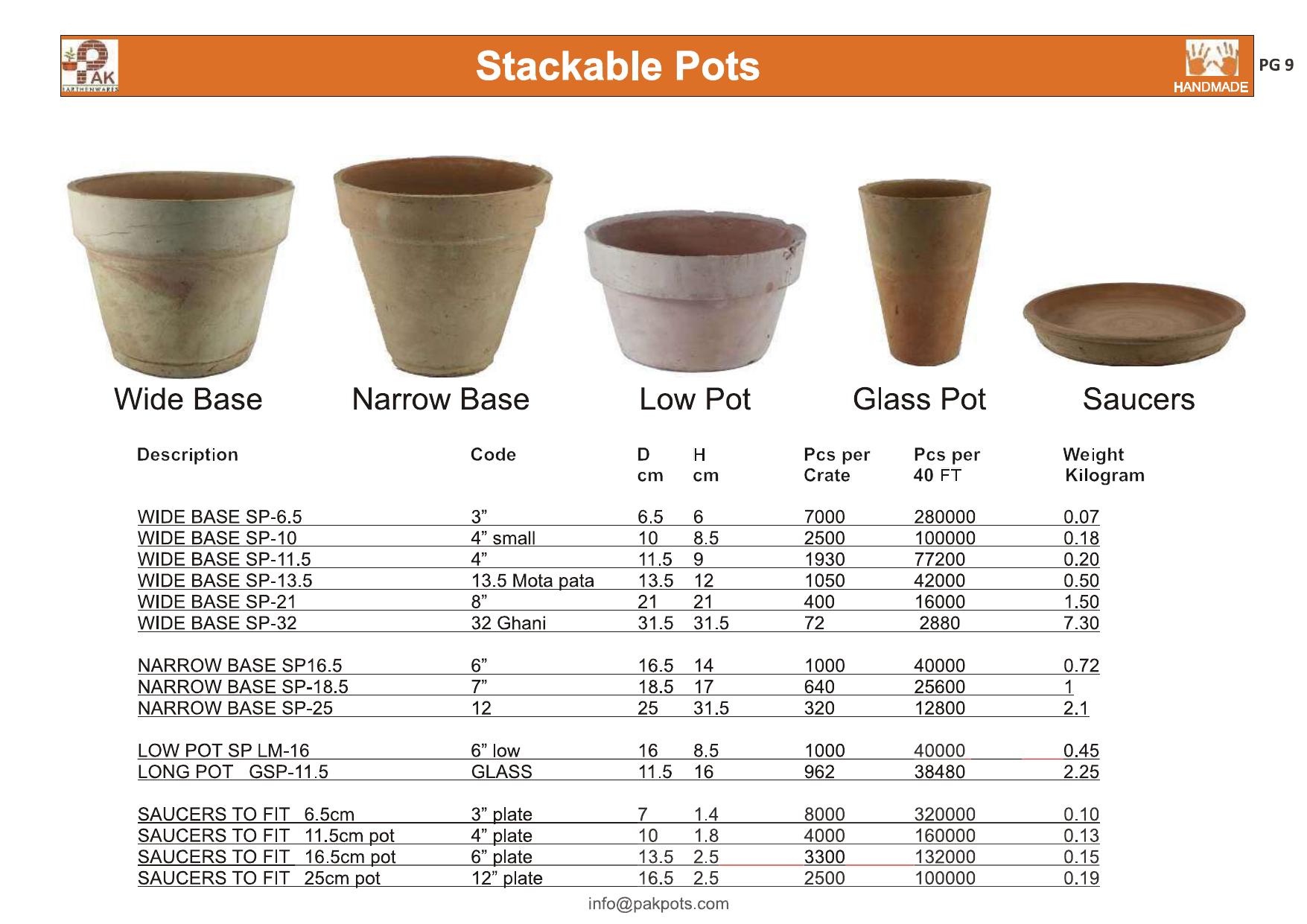 Stackable pots range with specifications table